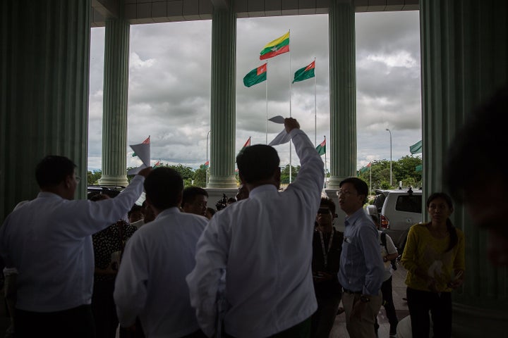 Senior members of the USDP hold a press conference at the USDP headquarters in Naypyitaw, Burma, on Aug. 13, 2015.