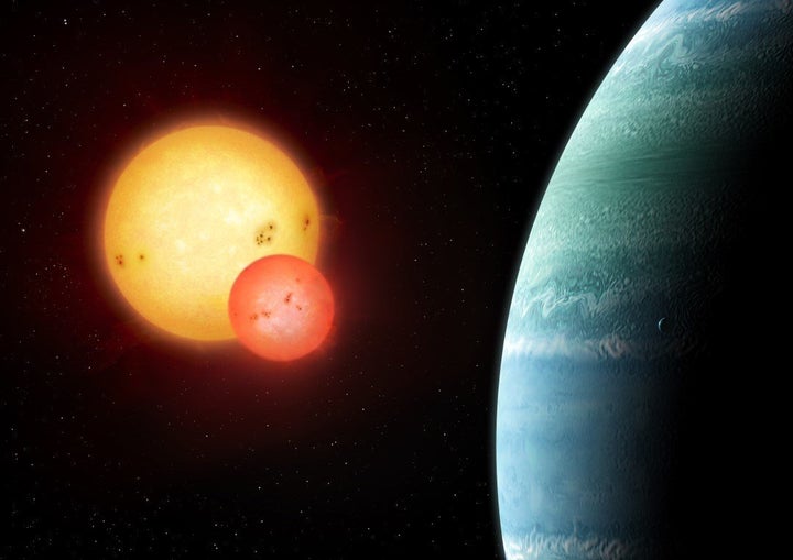 Artist's impression of the Kepler-453 system showing the newly discovered planet on the right and the eclipsing binary stars on the left.