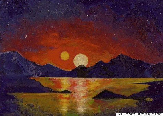 In this acrylic painting, Dr. Ben Bromley, an astrophysicist at the University of Utah, illustrates the view of a double sunset from an uninhabited Earth-like planet orbiting a pair of stars.