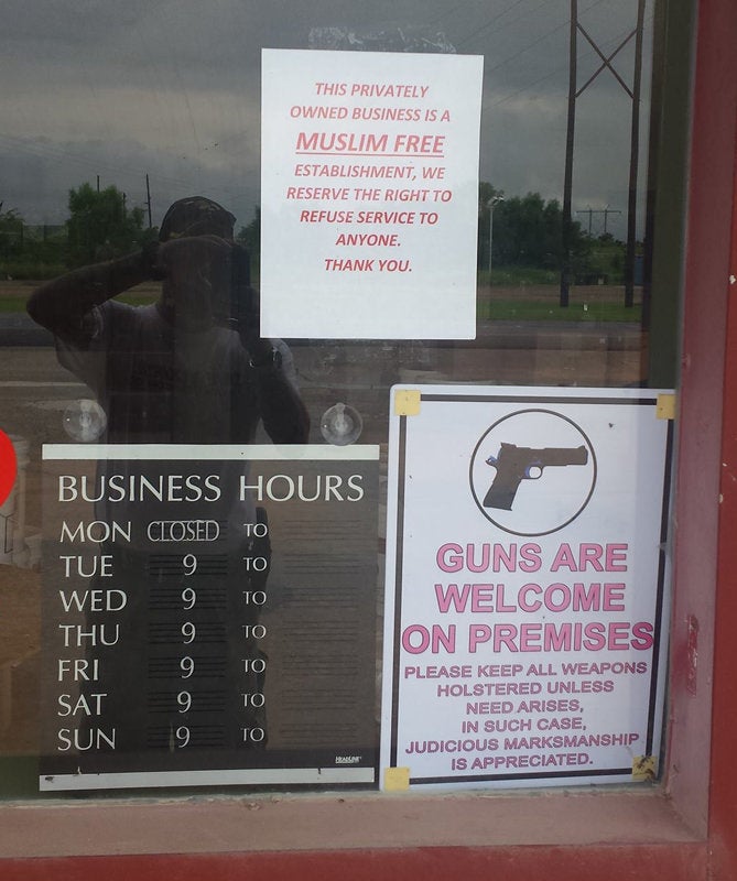 A survival-gear store in Oktaha, Oklahoma, has put a sign on the door that reads, “This privately owned business is a Muslim free establishment..."