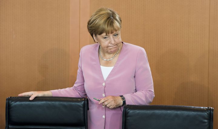 German Chancellor Angela Merkel arrives for a weekly meeting of the German cabinet at the Chancellery in Berlin on Aug. 12, 2015. 