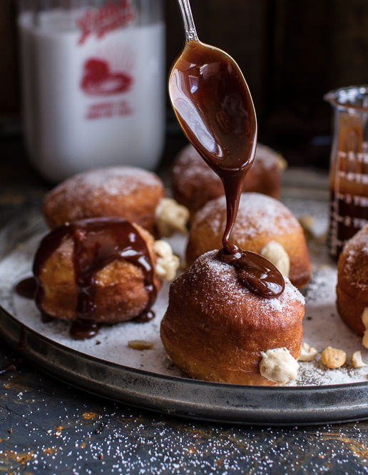 Salted Chocolate Bourbon Caramel On Peanut Butter Cheesecake Doughnuts