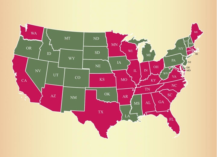 <p>Lice populations in the states in pink have developed a high level of resistence to some of the most common treatments. </p>