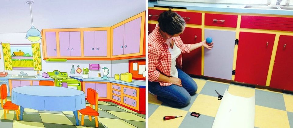 To create a Simpson-y color scheme, Andreychuk covered her countertops and cabinets in colored contact paper. "It's an amazing material," she told HuffPost. "Contact paper is SO cheap!"