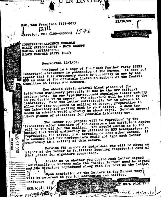 An FBI declassified document on the Black Panthers. Photo courtesy of vault.fbi.gov/.