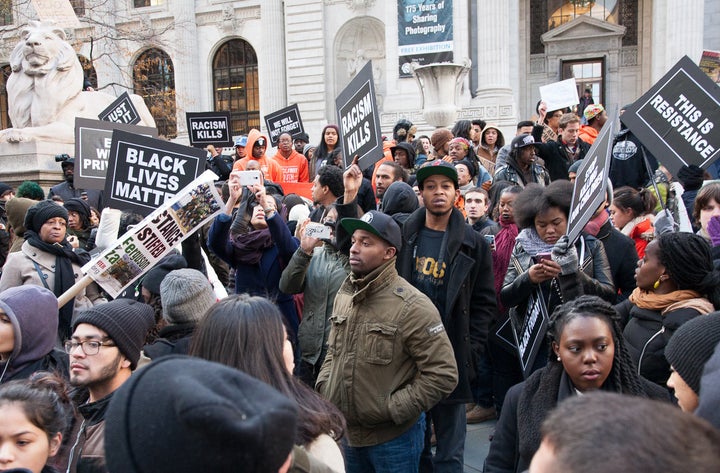 Protests against failure to indict Darren Wilson, the policeman who killed Mike Brown in Ferguson, Missouri, in New York on Friday, November 28, 2014.