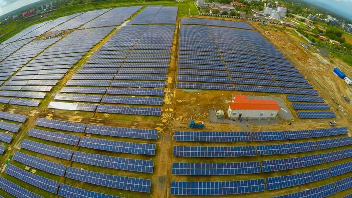 <p>The Cochin airport's solar panels as seen from above in Kochi, India in the southern state of Kerala.</p>