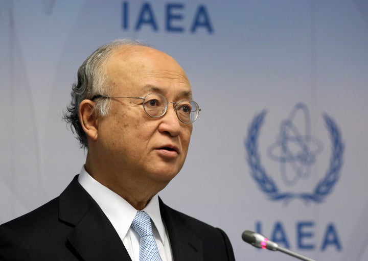 <p>Director General Yukiya Amano speaks during a news conference after a meeting of the IAEA board of governors at the International Center in Vienna, Austria. June 8, 2015. </p>