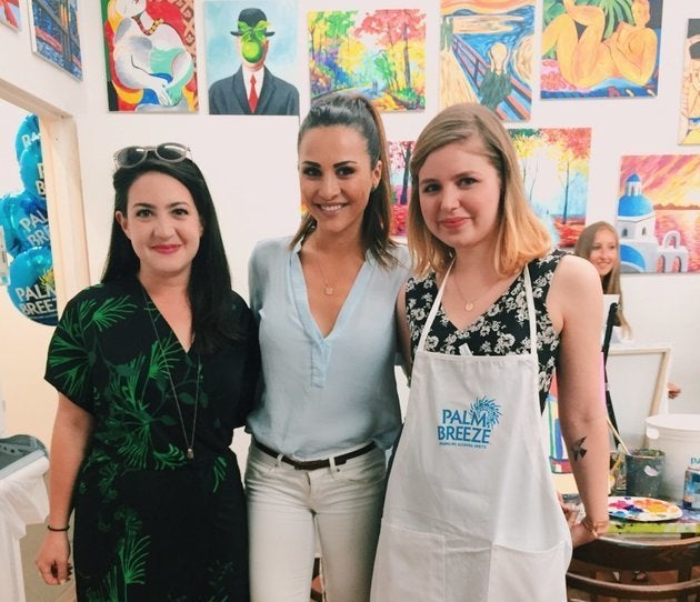 "Here To Make Friends" co-hosts Emma Gray (L) and Claire Fallon (R), hang out and paint with Andi Dorfman. 