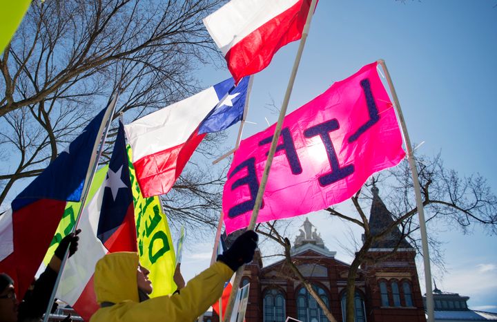 A group from Texas display their flags during a rally on the Mall for the March for Life anti-abortion demonstration.