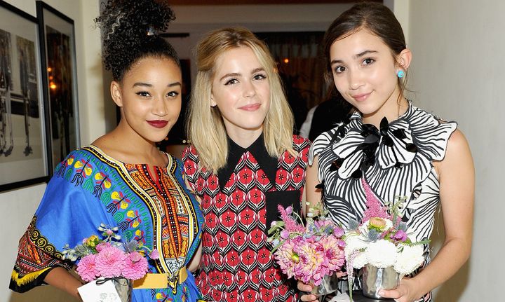 Just a girl in the world with her other super awesome girl friends, Amandla Stenberg and Kiernan Shipka. 