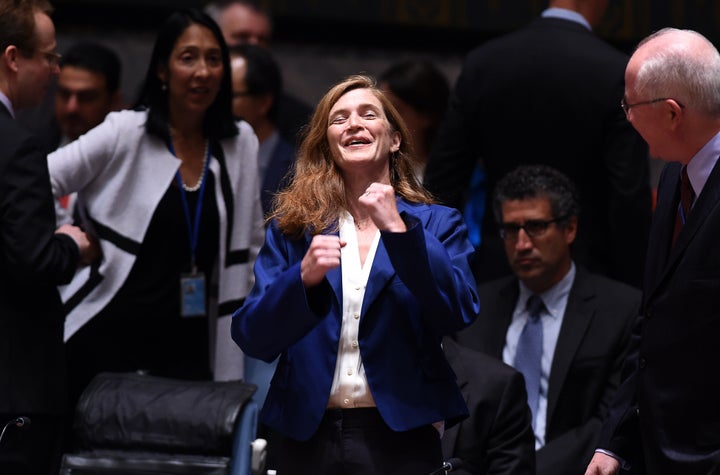 <span>U.S. Ambassador to the United Nations Samantha Power gestures as she arrives for a Security Council meeting to vote on