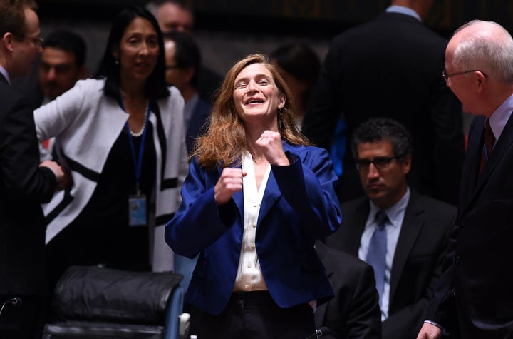 U.S. Ambassador to the United Nations Samantha Power gestures as she arrives for a Security Council meeting to vote on the Iran resolution at the U.N. headquarters in New York on July 20, 2015.