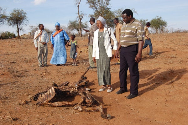 A delegation of Lutheran Church leaders in Africa look at the drying corpse of a cow in the Kajiado area of southeastern Keny