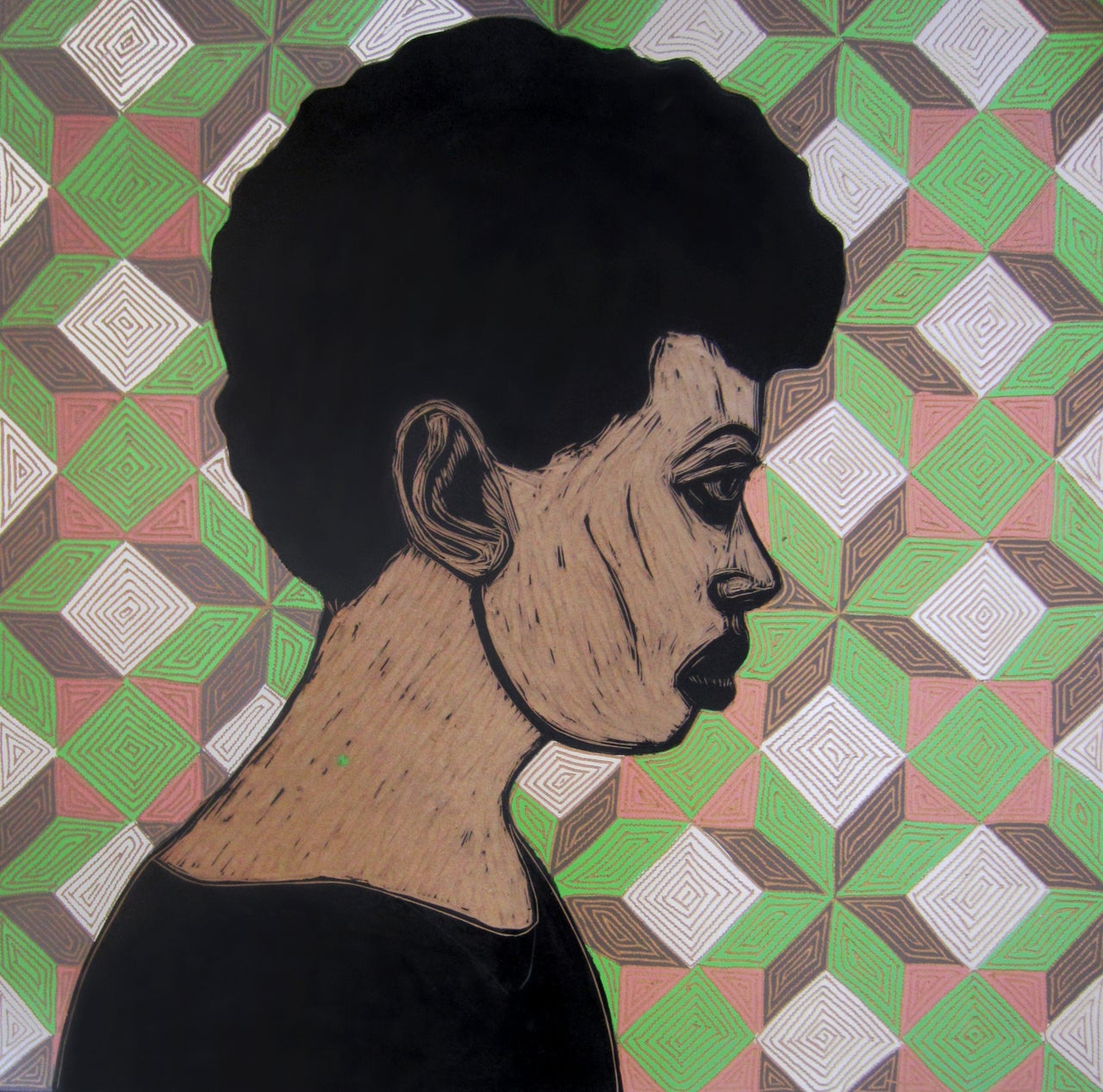 <p>Untitled from the series Forbidden Fruit, 2014. Oil, woodcut on panel, 31.5 x 31.5 in. (80 x 80 cm).</p>