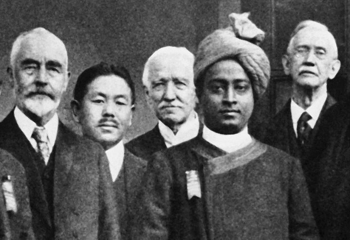 A few of the delegates to the International Congress of Religious Liberals, October 1920, Boston, at which Yogananda gave his maiden speech in America. (Left to right) Rev. T.R. Williams, Prof. S. Ushigasaki, Rev. Jabez T. Sunderland, Sri Yogananda, and Rev. C.W. Wendte.