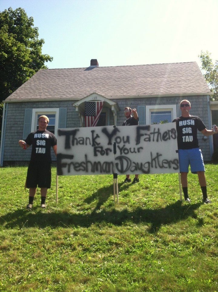 A banner displayed by fraternity brothers at an unknown university. 