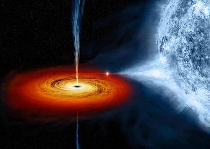 An artist's drawing of the black hole named Cygnus X-1. The black hole formed when a large star caved in, and it pulls matter from a blue star beside it.