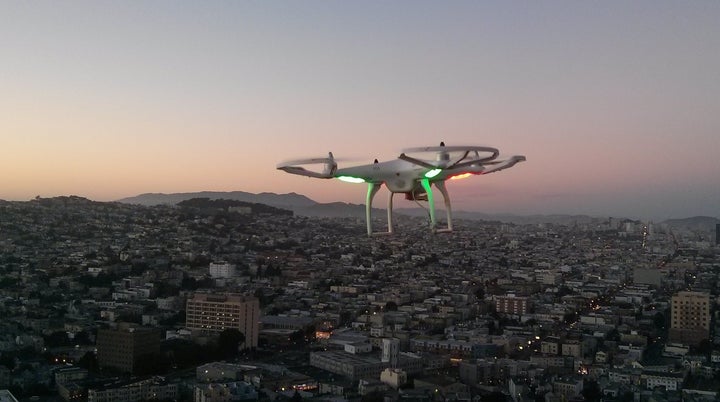 A drone flies over San Francisco.