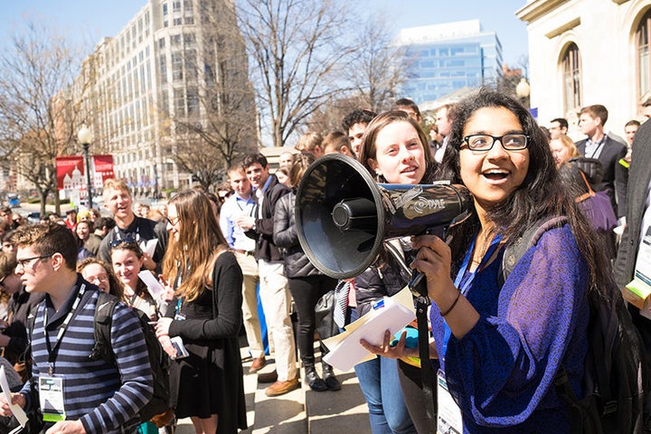 <span>Amna Farooqi organizes J Street U students outside the Hillel International building in Washington, D.C., on March 23,
