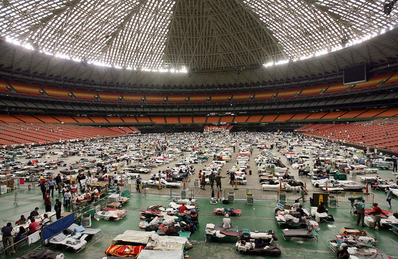 <p>Hurricane Katrina evacuees gather at the Astrodome stadium in Houston on Sept. 9, 2005.</p>