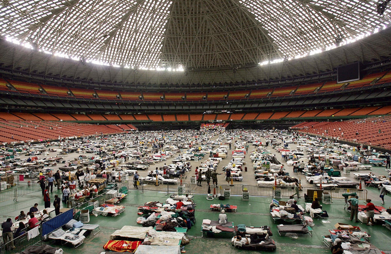 Hurricane Katrina evacuees gather at the Astrodome stadium in Houston on Sept. 9, 2005.