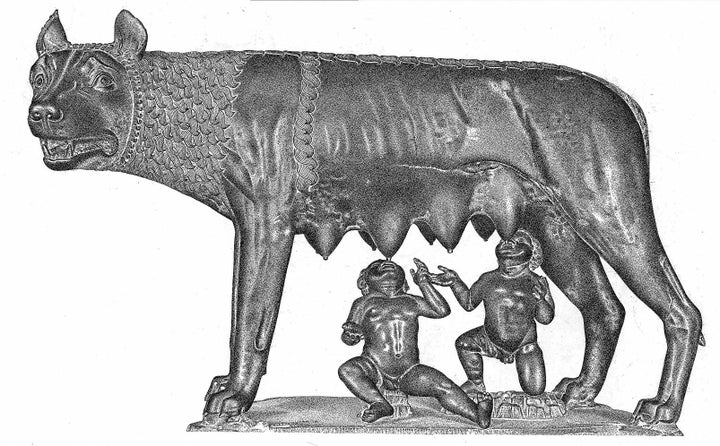 Romulus and Remus suckling from a wolf.