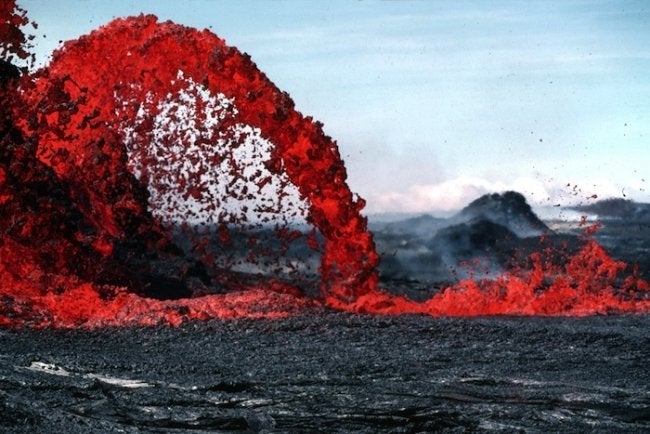 Fire fountains also occur on Earth, mostly in Hawaii, but are caused by expanding water and carbon dioxide, not monoxide. This 33-foot high fire fountain erupted from a vent south of Pu‘u Kahaualea in Hawaii.