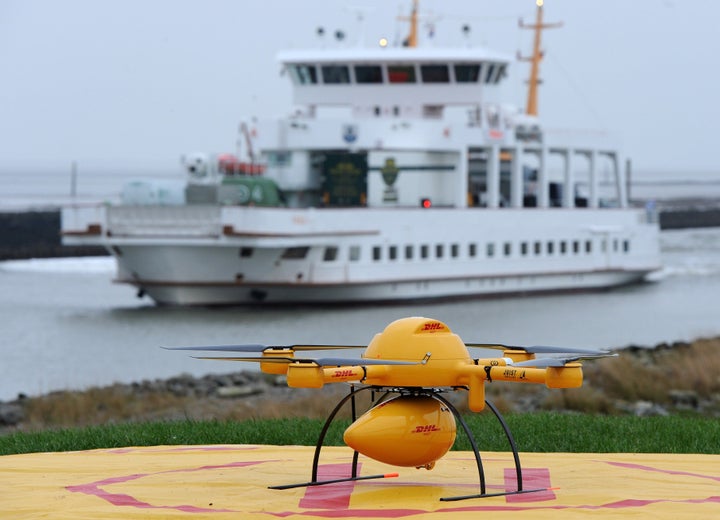 A remotely controlled DHL drone transporting medicines is pictured in Norden-Norddeich prior to take off in Nov. 18, 2014.