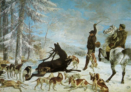 <a href="https://en.wikipedia.org/wiki/File:L%27Hallali_du_cerf.jpg">Gustav Courbet, "The Kill of Deer," circa 1867</a>