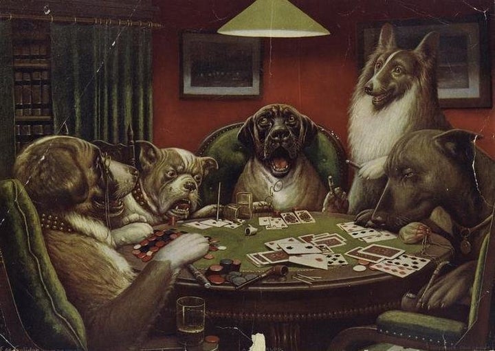 <a href="https://commons.wikimedia.org/wiki/File:A_Waterloo_Dogs_Playing_Poker.jpeg">C. M. Coolidge, "Waterloo," circa 1906</