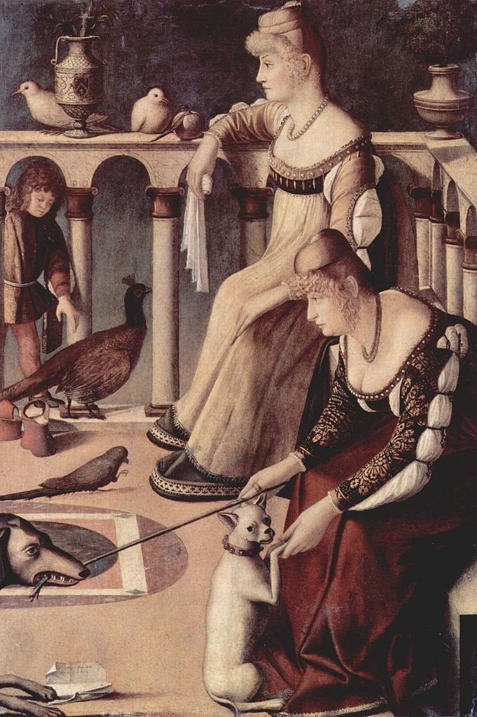 <a href="https://en.wikipedia.org/wiki/File:Vittore_Carpaccio_079.jpg">Vittore Carpaccio, "Two Venetian Ladies," circa 1490</