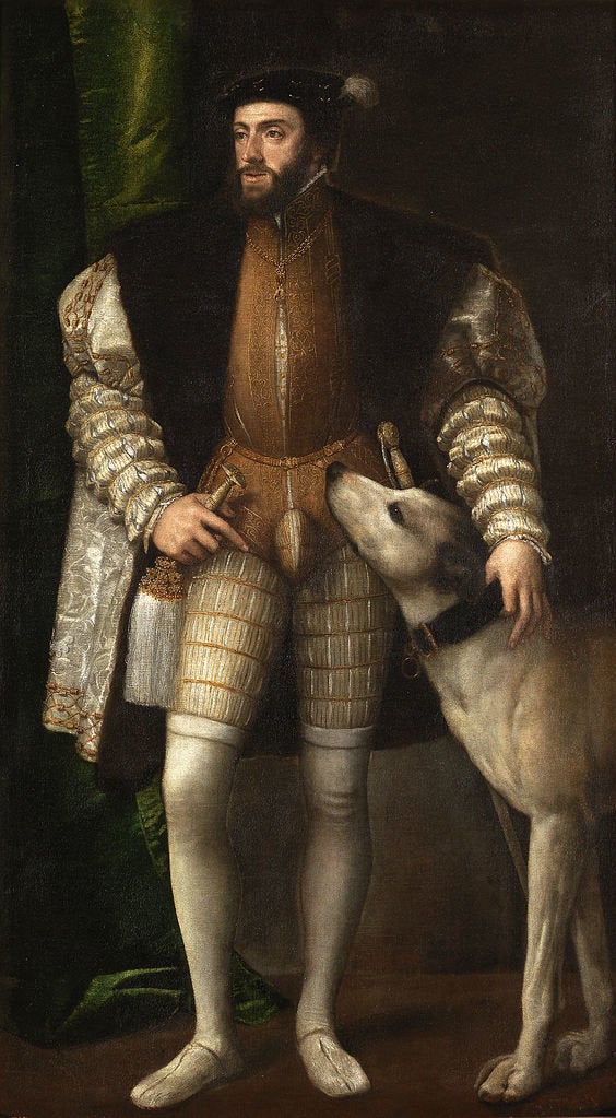 <a href="https://en.wikipedia.org/wiki/File:Tizian_081.jpg">Titian, "The Portrait of Charles V with a Dog," 1533</a>
