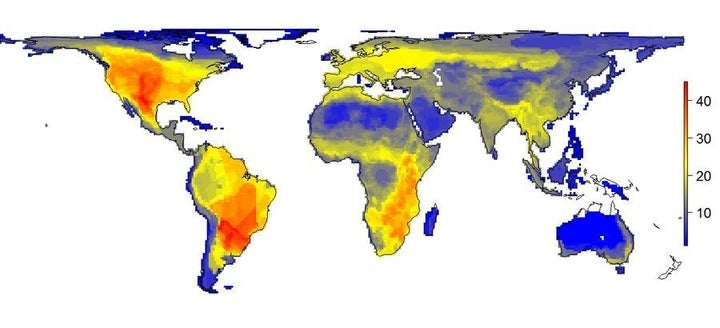 The natural diversity of large mammals as it would appear without the impact of humans. The figure shows the variation in the
