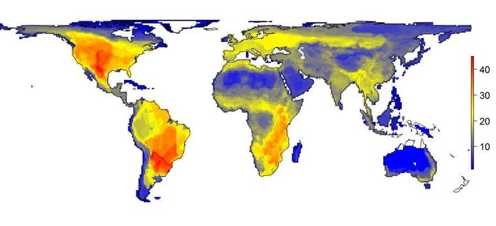 The natural diversity of large mammals as it would appear without the impact of humans. The figure shows the variation in the number of large mammals (45 kilograms or larger) that would have occurred per 100 x 100 kilometer. The numbers on the scale indicate the number of species. 