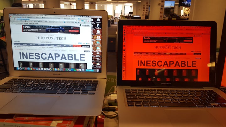 <p>The computer on the right displays f.lux's "bedtime" setting -- the most dramatic change the software can create. On the left, a normal display without f.lux.</p>