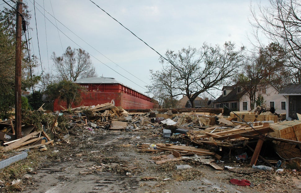 A barge brought ashore by Katrina's floodwaters sits in the middle of a residential street in Gulfport, Mississippi. 
