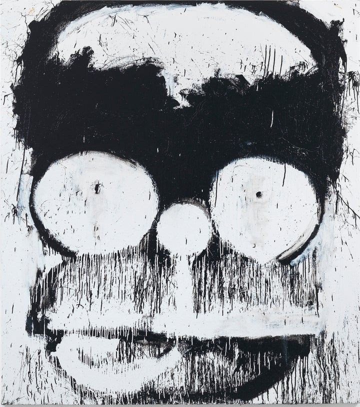 Joyce Pensato Groucho-Homer 2014 Enamel on linen 90 x 80 inches 228.6 x 203.2 cm Signed and dated verso Courtesy of the artist and Petzel, New York. Photo credit: Ken Adlard.