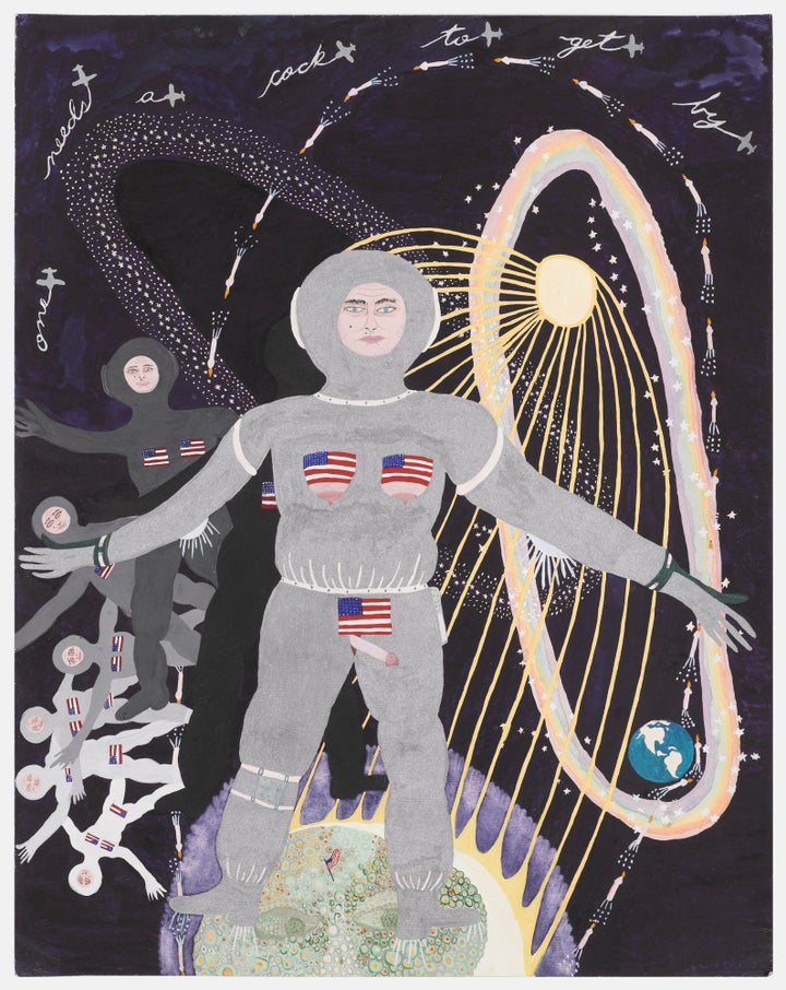 Woman Landing on Man in the Moon1971 Ann Leda Shapiro, American, born 1947. Watercolor on paper 20x14in. (50.8x35.6cm). Seattle Art Museum, Gift of Matthew Offenbacher and Jennifer Nemhauser with funds from the 2013 Neddy Award in Painting, © Ann Leda Shapiro. Photo: Elizabeth Mann