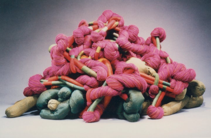 Sheila Hicks, Voyage of Serpentina, 1985. Linen, silk, wool, and synthetic fibers, 19 pieces, approximately 34 x 54 inches each. 