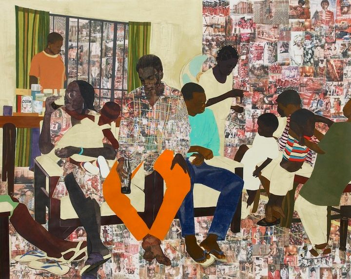 Umezebi Street, New Haven, Enugu, 2012. Acrylic, charcoal, pastel, color pencil, and Xerox transfer on paper. 84 x 105 in. (213.36 x 266.7 cm). Collection of Craig Robins. Image courtesy of the artist and Tilton Gallery, New York. Photo: Max Yawneya.