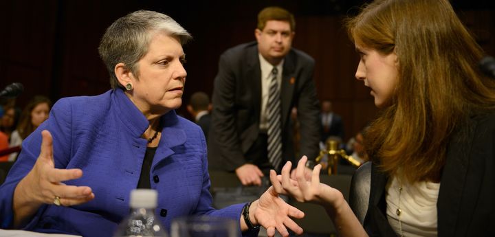 University of California System President Janet Napolitano speaks with Dana Bolger, co-founder of the advocacy group Know Your IX. 