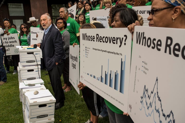 <p>Joseph Stiglitz, a Nobel Prize-winning economist, speaks alongside grassroots activists from the Fed Up campaign at a press conference in Jackson Hole on Thursday, August 27.</p>
