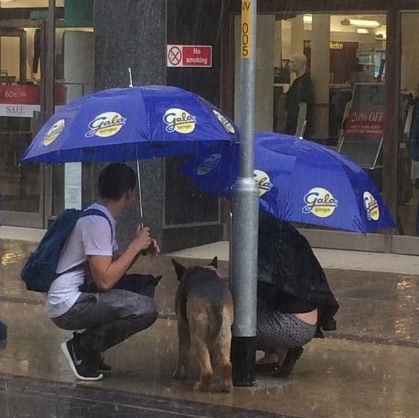 An onlooker from nearby Gala Bingo furnished the two with umbrellas.