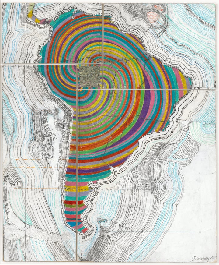 Juan Downey. Map of America. 1975. Colored pencil, pencil, and synthetic polymer paint on map on board. The Museum of Modern