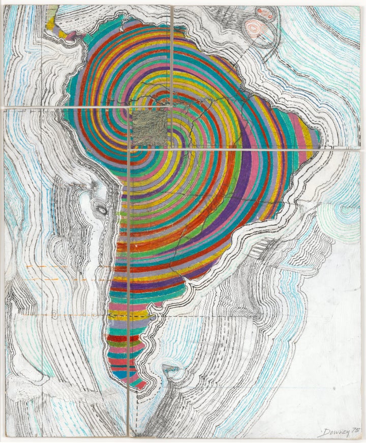 Juan Downey. Map of America. 1975. Colored pencil, pencil, and synthetic polymer paint on map on board. The Museum of Modern Art, New York. Purchased with funds provided by the Latin American and Caribbean Fund and Donald B. Marron. © 2015 Juan Downey / Artists Rights Society (ARS), New York.