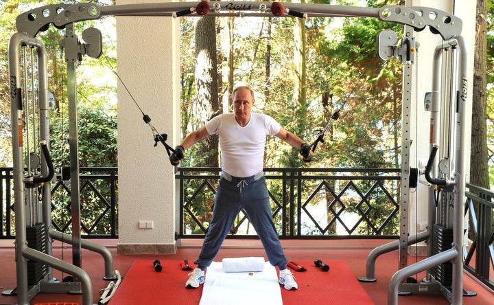 Russia's President Vladimir Putin works out at Bocharov Ruchei residence in Sochi, Russia on August 30,2015.