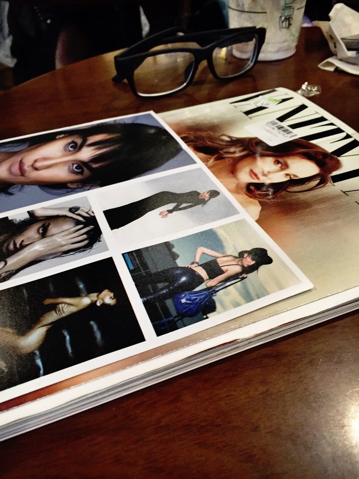 Examples from Boonhor’s modeling portfolio rest on a copy of Caitlyn Jenner’s Vanity Fair cover. The interview wi