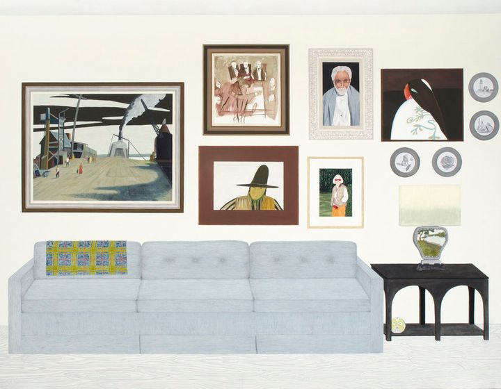 <p>Becky Suss, Living Room (six paintings, four plates), 2015, oil on canvas, 84 x 108 inches. Courtesy the artist and Fleisher/Ollman, Philadelphia.</p>