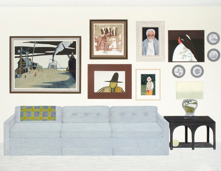 Becky Suss, Living Room (six paintings, four plates), 2015, oil on canvas, 84 x 108 inches. Courtesy the artist and Fleisher/Ollman, Philadelphia.